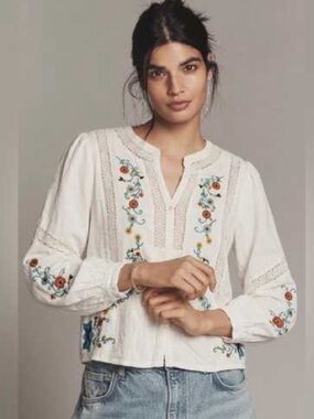 JENNIFER & GRACE Off White Cross stitch embroidery Long Sleeve Blouse Shirt S